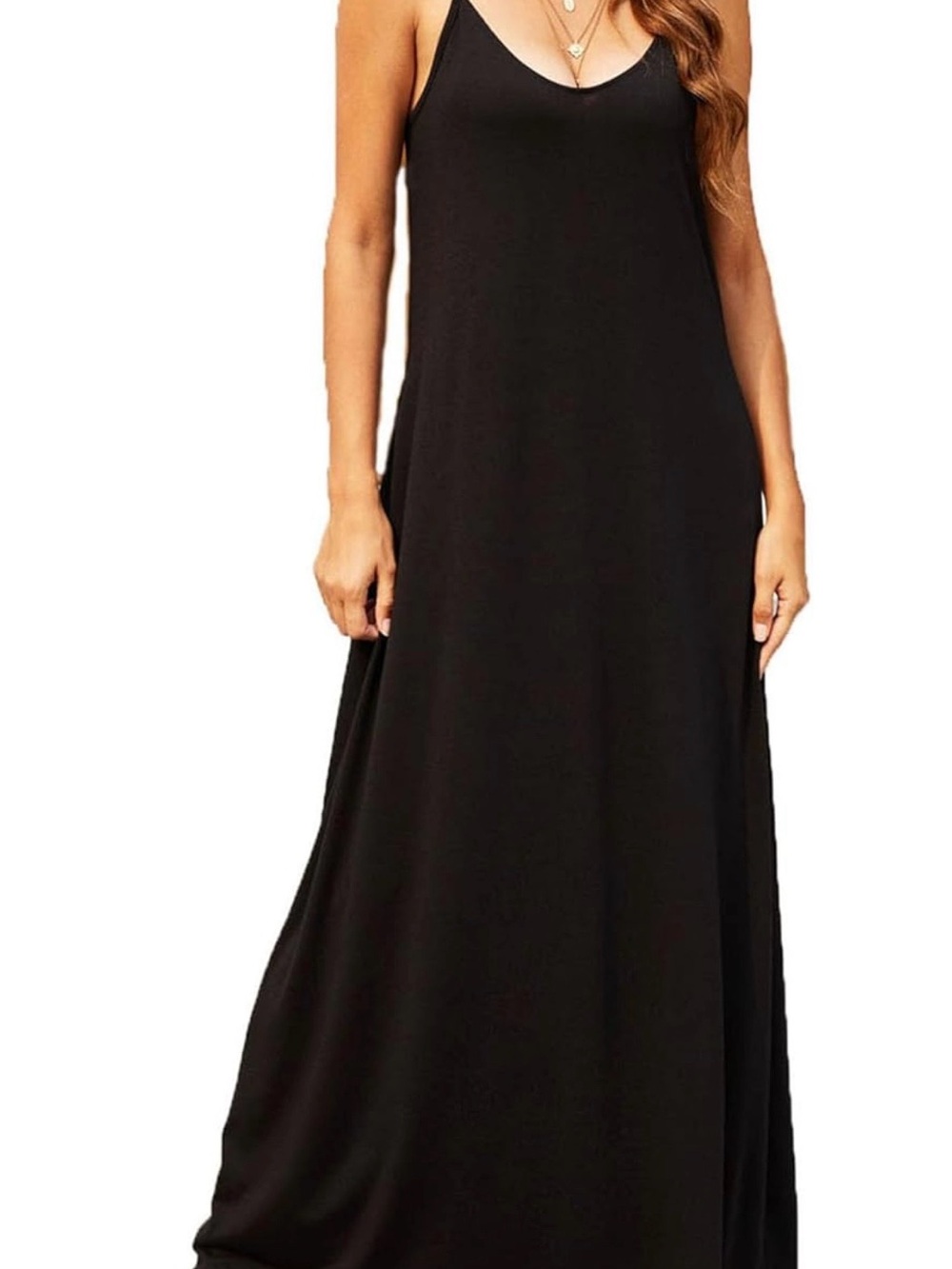 Minimalist Black Maxi Slip Dress with V-Neck